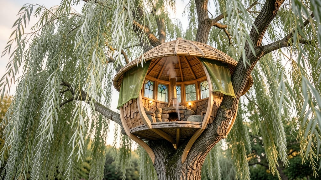 Treehouse Built Around a Gnarled Willow Tree