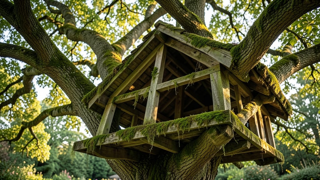 Moss-Covered Treehouse Hidden in Oak Canopy