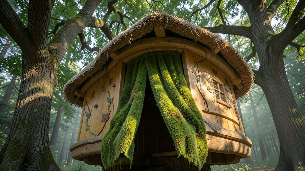 Fairy Treehouse with a Sliding Moss Curtain